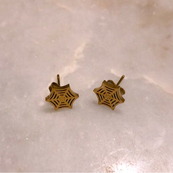 Gold Spider Web Earrings - Picture 1 of 3